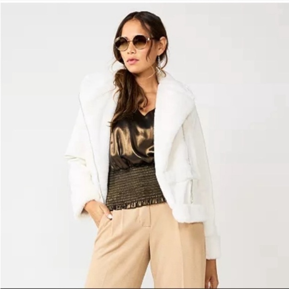 Nine West Daisy Dew Faux Leather and Faux Fur White Moto Jacket, NWT Sz XL